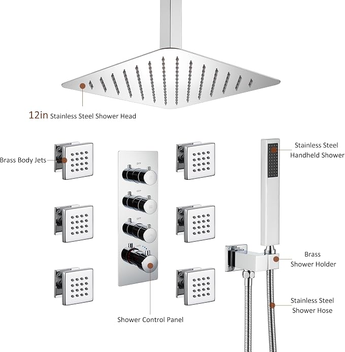 MONDAWE 12 In Thermostatic Shower System, Ceiling Mounted High Pressure Shower Head with Handheld,6 Body Jets, Bathroom Shower Faucet Set in Chrome
