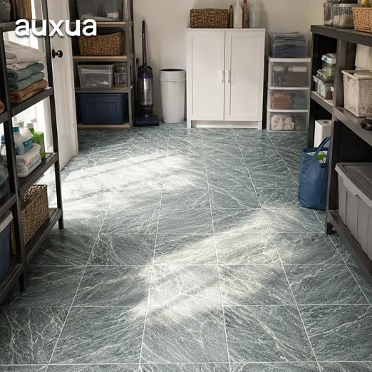 Marble Grain 12x12 Peel and Stick Floor Tile, Moss Gray Marble, 20 PCS | NO Grout, NO Mess, For Kitchen Backsplash, Bathroom Update, Non-Slip & Scratch-Resistant