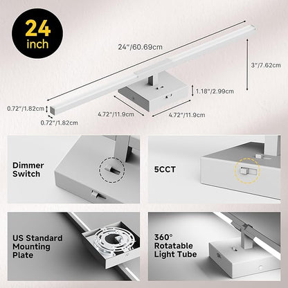 Vanity Lights 24 inch, 4-Level Brightness Built-in Dimmer, 14W Dimmable 5CCT Bathroom Light Fixtures Over Mirror, Baked Matte Grey Vanity Lights for Bathroom Mirror Cabinets Bedroom-FCC & ETL