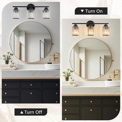 3-Light Black Bathroom Light Fixture, Modern 20.9" Bathroom Vanity Light, Vanity Light with Clear Crystal Shades, E26 Base Wall Sconces Over Mirror for Bathroom, Bedroom, Hallway