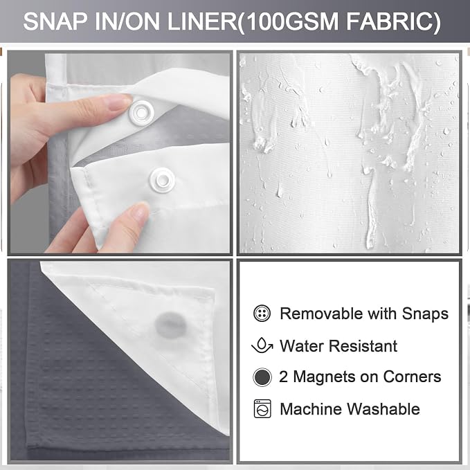 No Hook Shower Curtain with Liner Set Hotel Waffle Ombre Grey 72W X 75L | Washable Snap in Fabric Liner, Mesh Top Window, Waffle Hotel Style Shower Curtain Set
