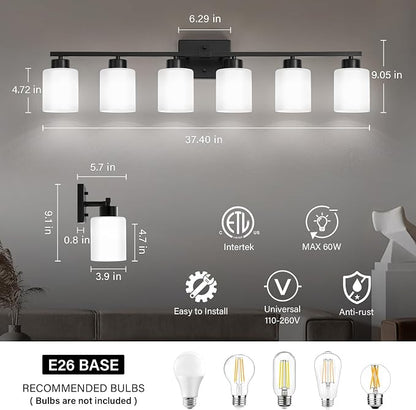 FonmYim Black Bathroom Light Fixtures Vanity Lights Over Mirror | Modern 6-Light lighting fixtures for bathroom with Milky White Frosted Glass Shades, E26 Socket (Bulbs Not Included)