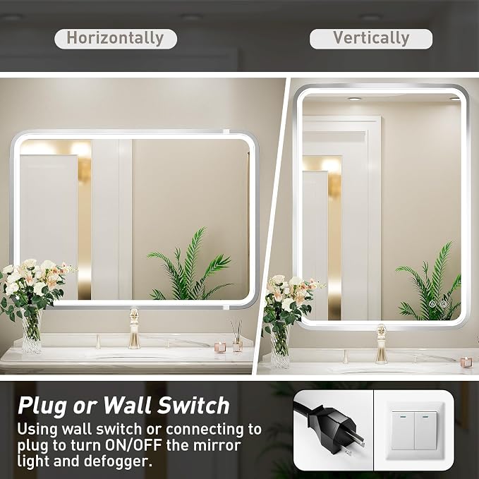 24x36 Inch LED Sliver Frame Bathroom Mirror,3-Color