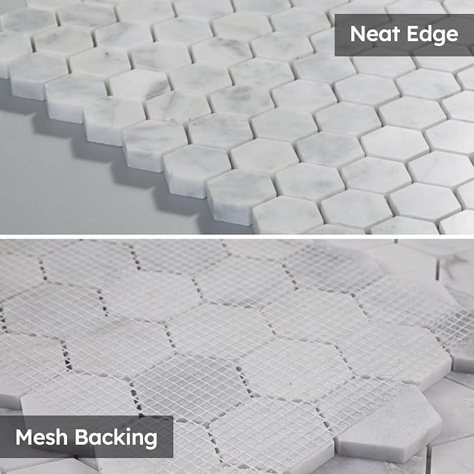 Carrara White Marble Mosaic Tile,1 Inch Hexagon, Honed, 5 Sheets | Natural Bianco Carrera, Marble Stone Backsplash Tiles for Kitchen, Bathroom, Shower Wall and Floor