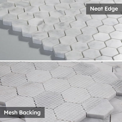 Carrara White Marble Mosaic Tile,1 Inch Hexagon, Honed, 5 Sheets | Natural Bianco Carrera, Marble Stone Backsplash Tiles for Kitchen, Bathroom, Shower Wall and Floor