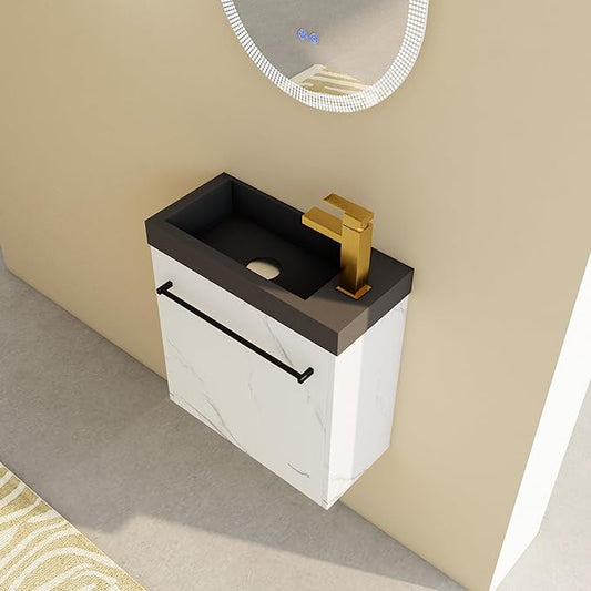 20" Small Bathroom Vanity with Black Sink Floating Bathroom Vanity Cabinet with Storage Wall Mounted Narrow Vanities Bathroom Vanity with White Marble Grain Flat Door for Home Bath