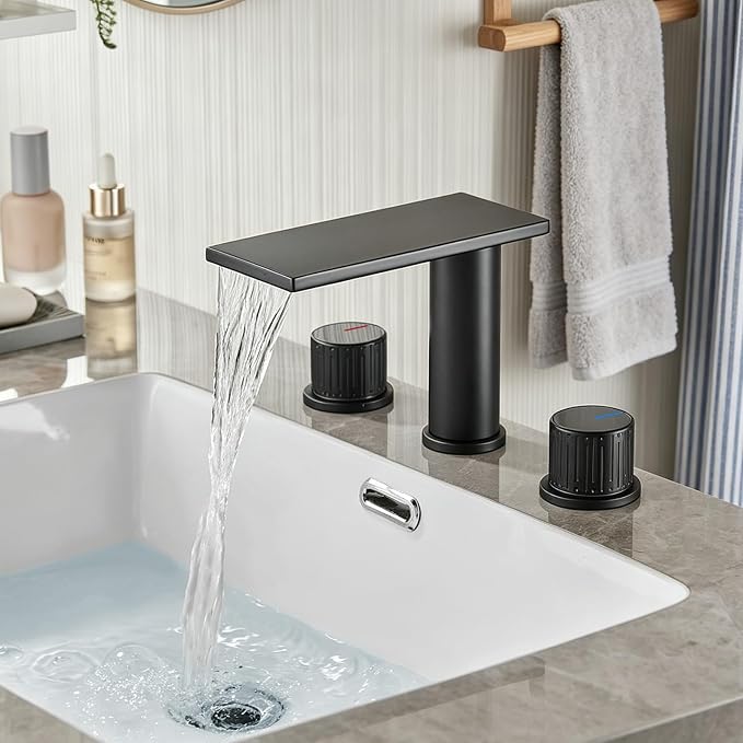 becola Black Bathroom Faucet 3 Hole, 8 inch Widespread Bathroom Faucet with Top Storage, Waterfall Bathroom Faucet，2-Handle Modern Vanity Faucet with Adjust Knobs and Two Supply Lines