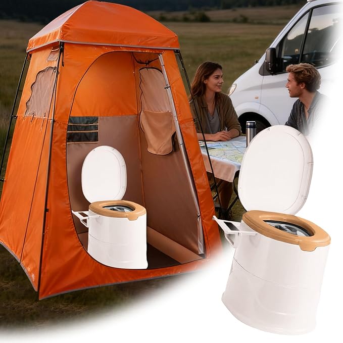 Portable Toilet for Camping, Indoor Outdoor Commode with 2 Detachable Inner Bucket, Removable Paper Holder, Toilet Brush, Travel Toilets for Camping, Hiking, Boat, Van, Emergency Use (Beige2)