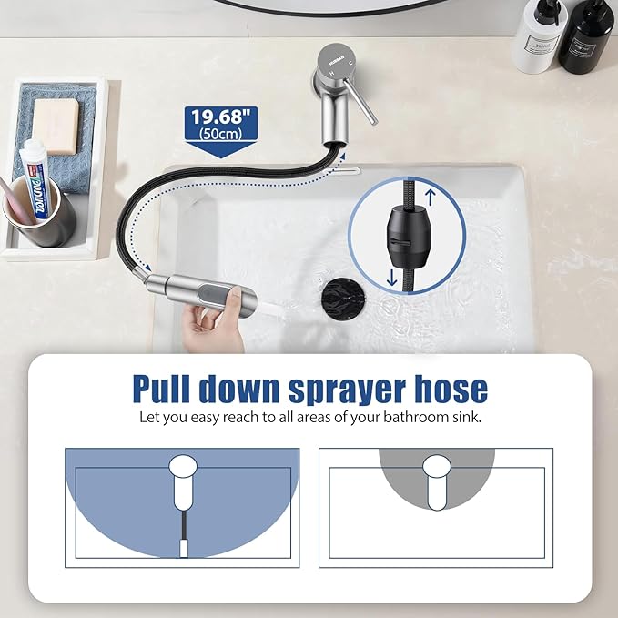 HURRAN Pull Out Bathroom Faucet, Single Handle Basin Mixer Tap with 2 Modes, Utility Sink Faucet with Deck Plate, Stainless Steel, Brushed Nickel