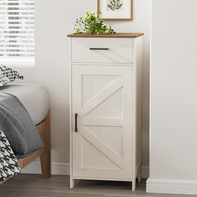 Homhedy Bathroom Storage Cabinet with Drawer & Adjustable Shelf | Freestanding Storage Cabinet for Bathroom, Entryway, Living Room & Kitchen, Rustic White and Brown, 15.7"W