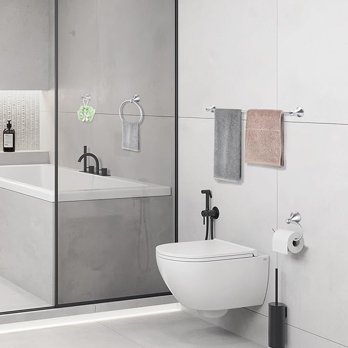 Brushed Nickel Bathroom Hardware Set Wall Mounted Brushed Nickel Accessories Set 4 Pieces Bathroom Hardware Set, 23.6 inch Towel Bar | Towel Hook | Toilet Paper Holder | Hand Towel Holder