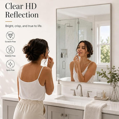 40"x30" Brushed Nickel Framed Rectangle Bathroom Vanity Wall Mirror | Over-Sink Vanity Mirror, Slim Metal Frame, Entryway or Dresser Use, Vertical/Horizontal Mount, Tempered Glass