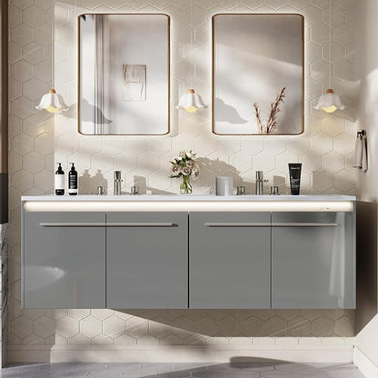 AMERLIFE 60" LED Floating Bathroom Double Vanity with Sink, Modern High Gloss Wall Mounted Bathroom Storage Cabinet with 3 Hole Sink, Metal Handles & Soft Closing Doors, Grey