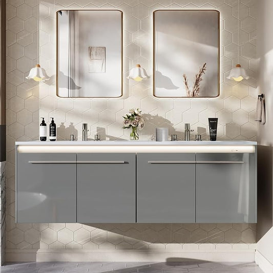 AMERLIFE 60" LED Floating Bathroom Double Vanity with Sink, Modern High Gloss Wall Mounted Bathroom Storage Cabinet with 3 Hole Sink, Metal Handles & Soft Closing Doors, Grey