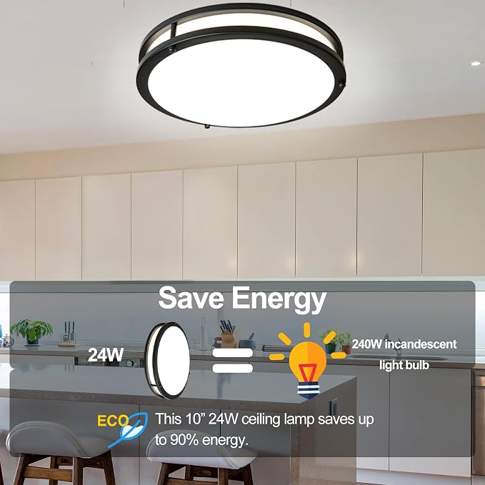 10inch LED Flush Mount Ceiling Light Fixture Dimmable Matte Black, Easy Install LED Ceiling Lamp Fixture Without Flicker, Super Bright 24W 2400LM 5000K 2-Pack
