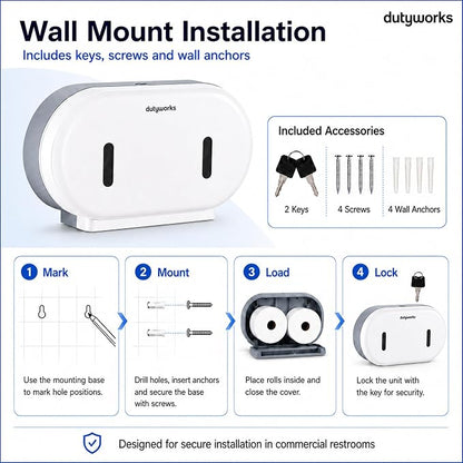 Commercial Double Roll Toilet Paper Dispenser Wall Mount | Holds Rolls up to 9 in, Lockable, Visible Window, Sliding Divider, No-Drill Installation, Heavy Duty ABS