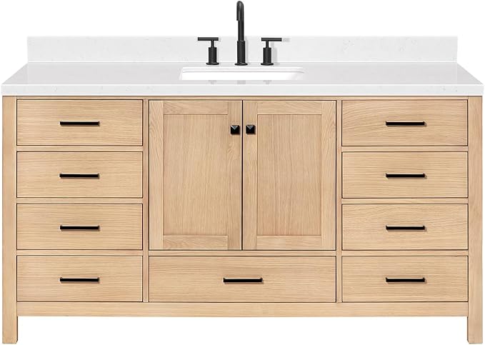 ARIEL 66 inch Bathroom Vanity top with Sink, 1.5 Inch Thick Miter Edge Carrara White Quartz top, Rectangle Single Porcelain Sink, Includes Backsplash