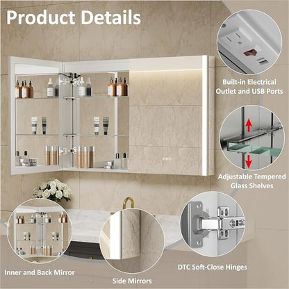 48 x 32 Inch Medicine Cabinet with Mirror and LED Light for Bathroom | Recessed, Wall-Mounted, Dimmable, Anti-Fog, Memory Function, 3 Color Mode, Outlet&USB, Adjustable Shelf, ETL Listed, Aluminum