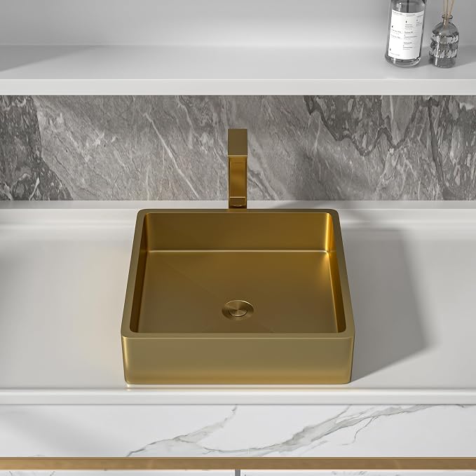 15"x15" Bathroom Vessel Sink Square - Brushed Gold NANO-PVD, 16 Gauge 304 Stainless Steel, Above Counter Modern Vanity Lavatory Bath Sink Basin