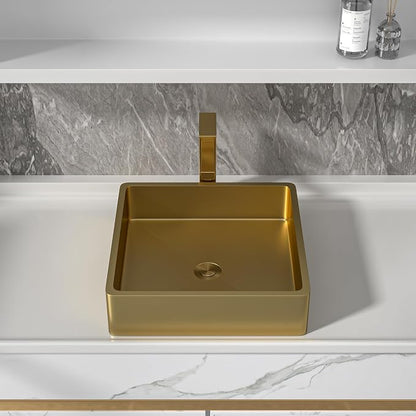 15"x15" Bathroom Vessel Sink Square - Brushed Gold NANO-PVD, 16 Gauge 304 Stainless Steel, Above Counter Modern Vanity Lavatory Bath Sink Basin
