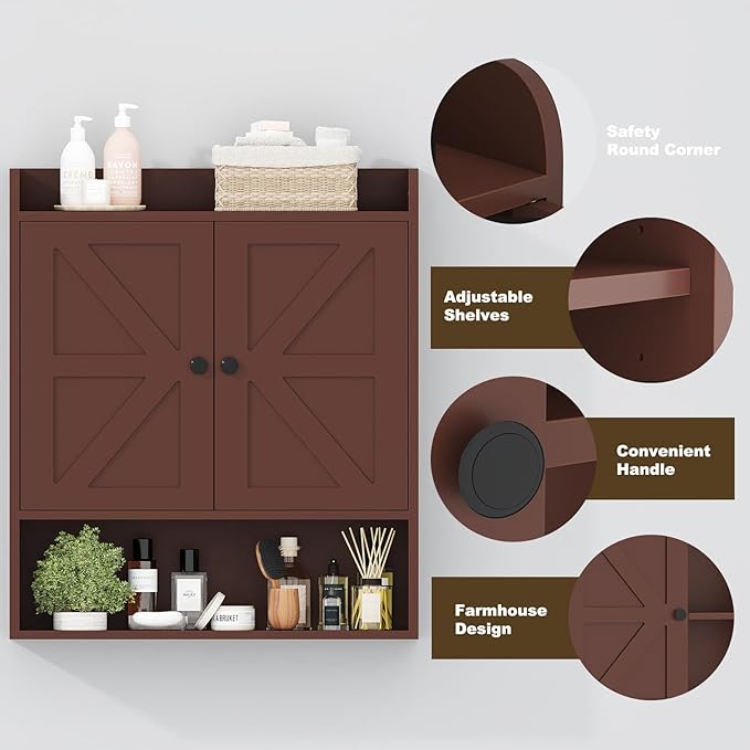 EasyCom 22" W x 26" H Bathroom Wall Cabinet, Farmhouse Medicine Cabinet with Adjustable Shelves and Double Barn Doors, Over The Toilet Storage Cabinet for Bathroom, Kitchen, Living Room, Russet