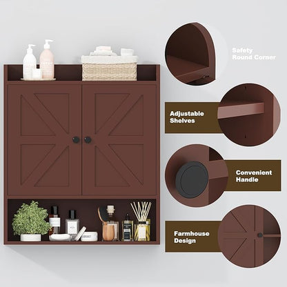 EasyCom 22" W x 26" H Bathroom Wall Cabinet, Farmhouse Medicine Cabinet with Adjustable Shelves and Double Barn Doors, Over The Toilet Storage Cabinet for Bathroom, Kitchen, Living Room, Russet