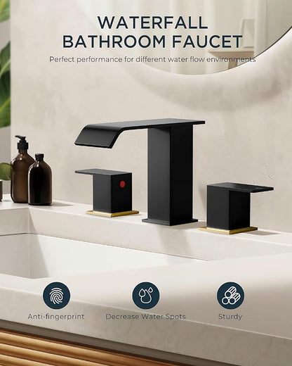 FORIOUS Black and Gold Bathroom Faucet 3 Hole, 2 Handles 8 Inch Widespread Waterfall Bathroom Sink Faucet with Metal Pop-Up Drain and 24" Water Hoses, for Vanity RV Restroom