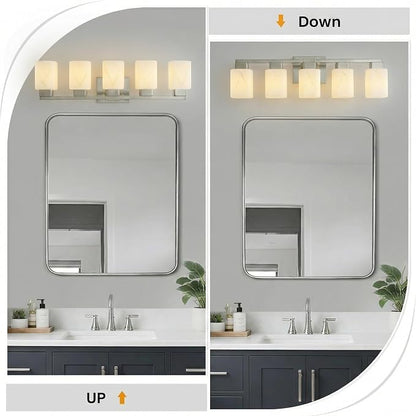 5-Light Square Bathroom Light Fixture, Brushed Nickel Modern Vanity Light with White Marble Glass Shade, for Bathroom Mirror, Living Room, Bedroom, Hallway, E26 Base