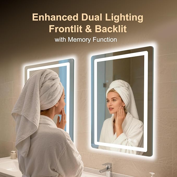 LED Bathroom Mirror, 20"x30" Bathroom Vanity Mirror with Lights | Smart Anti-Fog, Dimmable, 3 Color Modes, Backlit+Front Lit, Memory Function, HD Tempered Glass,Horizontal/Vertical,ETL Listed