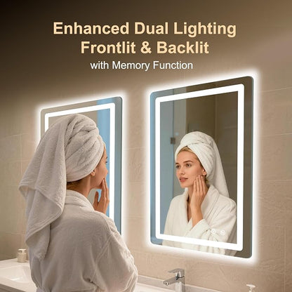 LED Bathroom Mirror, 20"x30" Bathroom Vanity Mirror with Lights | Smart Anti-Fog, Dimmable, 3 Color Modes, Backlit+Front Lit, Memory Function, HD Tempered Glass,Horizontal/Vertical,ETL Listed