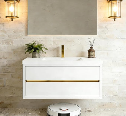 Modern 48" Wall-Mounted Bathroom Vanity with Sink | Floating Storage Cabinet, Stone Resin Countertop, Soft Close Drawers | Glossy White