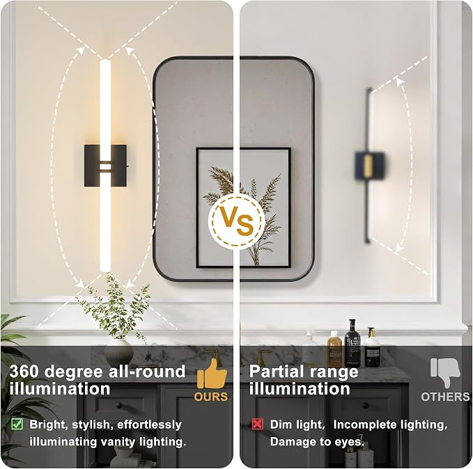Black Bathroom Light Fixture LED Vanity Light 22" Wall Sconce | 5CCT Dimmable Wall Light, Modern 360° Lighting, 18W Hardwired Vanity Light for Bathroom, Flicker-Free
