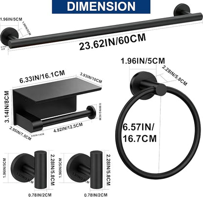 5 Pieces Bathroom Hardware Accessories Set Matte Black, 24Inch Round Towel Racks Set for Bathroom, SUS304 Stainless Steel Towel Bar Set, Toilet Paper Holder with Shelf Wall Mounted