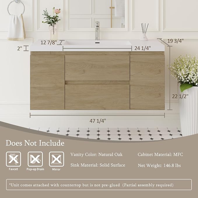 Floating Bathroom Vanity with Sink, 48" Wall-Mounted Bathroom Vanity | Resin Top Basin and Soft Close Drawers, No Assembly Required, Natural Oak