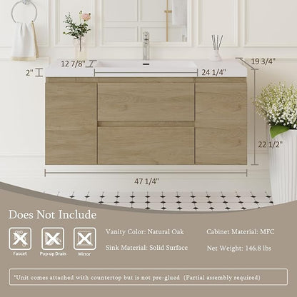 Floating Bathroom Vanity with Sink, 48" Wall-Mounted Bathroom Vanity | Resin Top Basin and Soft Close Drawers, No Assembly Required, Natural Oak