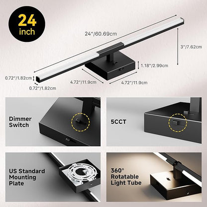 Vanity Lights 24 inch, 4-Level Brightness Built-in Dimmer, 14W Dimmable 5CCT Bathroom Light Fixtures Over Mirror, Black Vanity Lights for Bathroom Mirror Cabinets Bedroom-FCC & ETL Certified