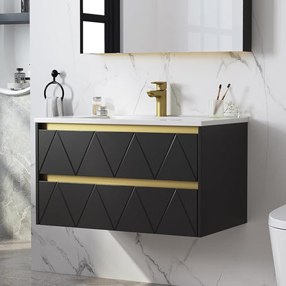 30 Inch Bathroom Vanity with Sink, Wall Mounted Floating Vanity with Modern Stripe Design, Floating Vanity Bathroom with U-Shaped Drawer, 30 Inch Vanity with Sink, Hidden Handle, Black