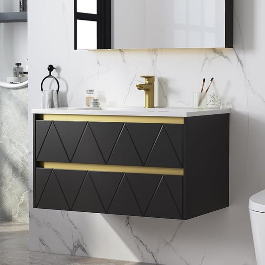 30 Inch Bathroom Vanity with Sink, Wall Mounted Floating Vanity with Modern Stripe Design, Floating Vanity Bathroom with U-Shaped Drawer, 30 Inch Vanity with Sink, Hidden Handle, Black