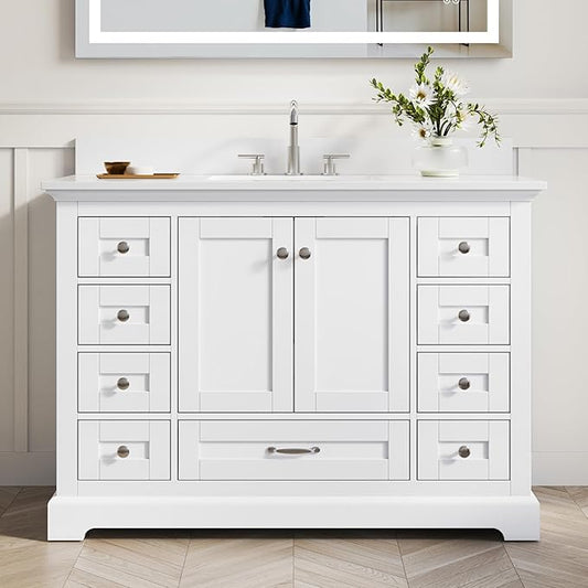 WELLFOR 48" Bathroom Vanity with Sink, Bathroom Freestanding Vanity W/ 2 Soft-Close Doors and 9 Soft-Close Drawers, Bathroom Cabinet Vanity with Engineered Stone Countertop, White