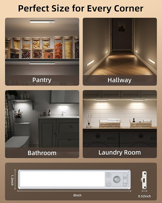 EZVALO 8" Under Cabinet Lighting, 2400mAh Rechargeable Motion Sensor Light Indoor, Mini & Slim Design, 3 Color Temps, Dimmable Magnetic Wireless Closet Lights for Kitchen, Pantry, Stairs (2 Pack)