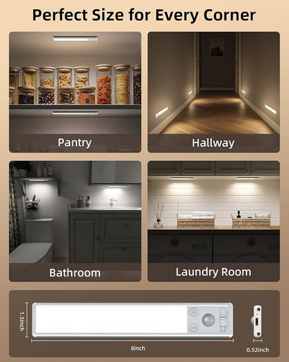 EZVALO 8" Under Cabinet Lighting, 2400mAh Rechargeable Motion Sensor Light Indoor, Mini & Slim Design, 3 Color Temps, Dimmable Magnetic Wireless Closet Lights for Kitchen, Pantry, Stairs (2 Pack)