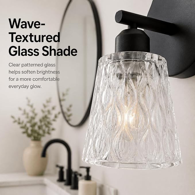 Black Bathroom Vanity Light Over Mirror, 1-Light Modern Vanity Light with Textured Glass Shade, Stainless Steel Backplate, E26 Socket (Bulb Not Included)