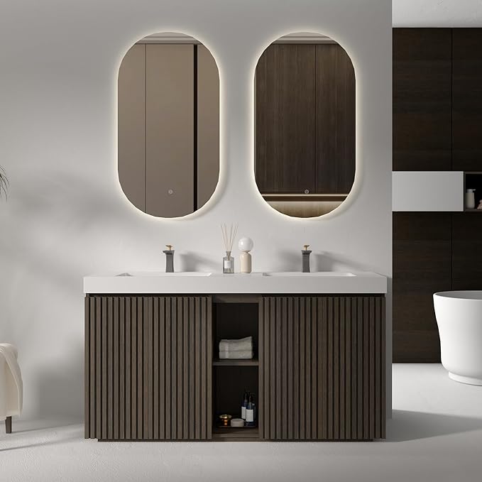 60" Bathroom Vanity with Double Sink, Freestanding Double Sink Bathroom Vanity with White Engineered Stone Top, Open Storage Cabinet & Adjustable Shelf, 4 Soft-Closing Doors, Smoked Oak Brown