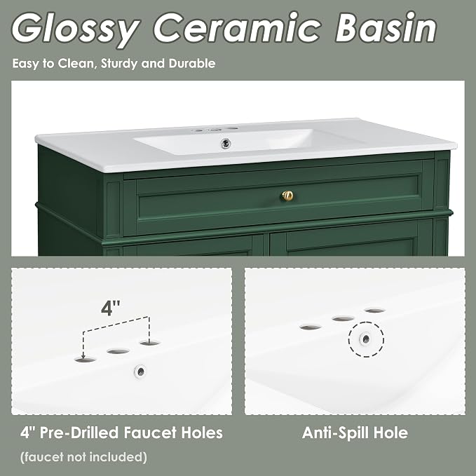 Merax 36 Inch Bathroom Vanity with Top Sink, Modern Bathroom Storage Cabinet with 2 Drawers and a Tip-Out Drawer, Solid Wood Frame Single Sink Bath Vanities, Green