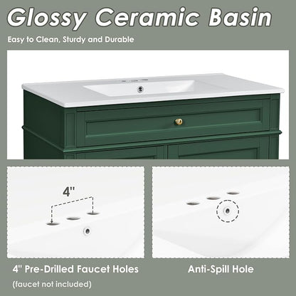 Merax 36 Inch Bathroom Vanity with Top Sink, Modern Bathroom Storage Cabinet with 2 Drawers and a Tip-Out Drawer, Solid Wood Frame Single Sink Bath Vanities, Green