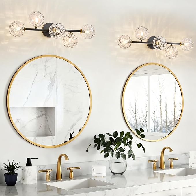 5 Lights Bathroom Vanity Light,Matte Black Globe Bathroom Light Fixtures | Hammered Clear Glass Wall Sconce Lighting,Mid Century Modern Brass Bubble Glass Bathroom Vanity Lights over Mirror,G9 Base