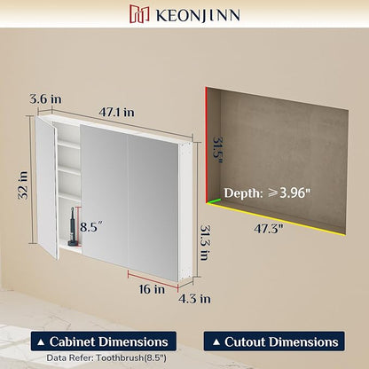 Keonjinn 48x32 Inch Black Medicine Cabinet with Mirror, HD Tempered Glass | Effortless Assembly, Adjustable Shelves, Wall Mount or Recessed, Soft Close with DTC Hinges, Bathroom Mirror with Storage