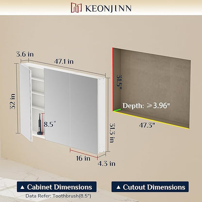 Keonjinn 48" x 32" Oversized Bathroom Medicine Cabinet with Mirror, Silver | Assembly Required, Lightweight Aluminum Structure, Free Adjustable Shelves, Combined Recessed or Surface Mount, DTC Hinges