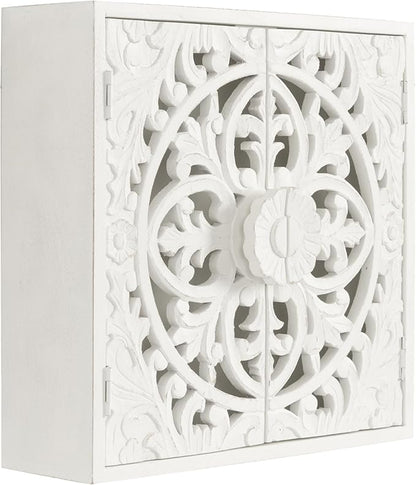 Kate and Laurel Saanvi Traditional Carved Wood Wall Cabinet; 20 x 6 x 20; White; Dimensional Over The Toilet Storage Cabinet for Bathroom Storage and Display