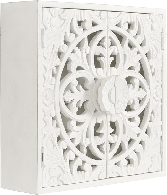 Kate and Laurel Saanvi Traditional Carved Wood Wall Cabinet; 20 x 6 x 20; White; Dimensional Over The Toilet Storage Cabinet for Bathroom Storage and Display